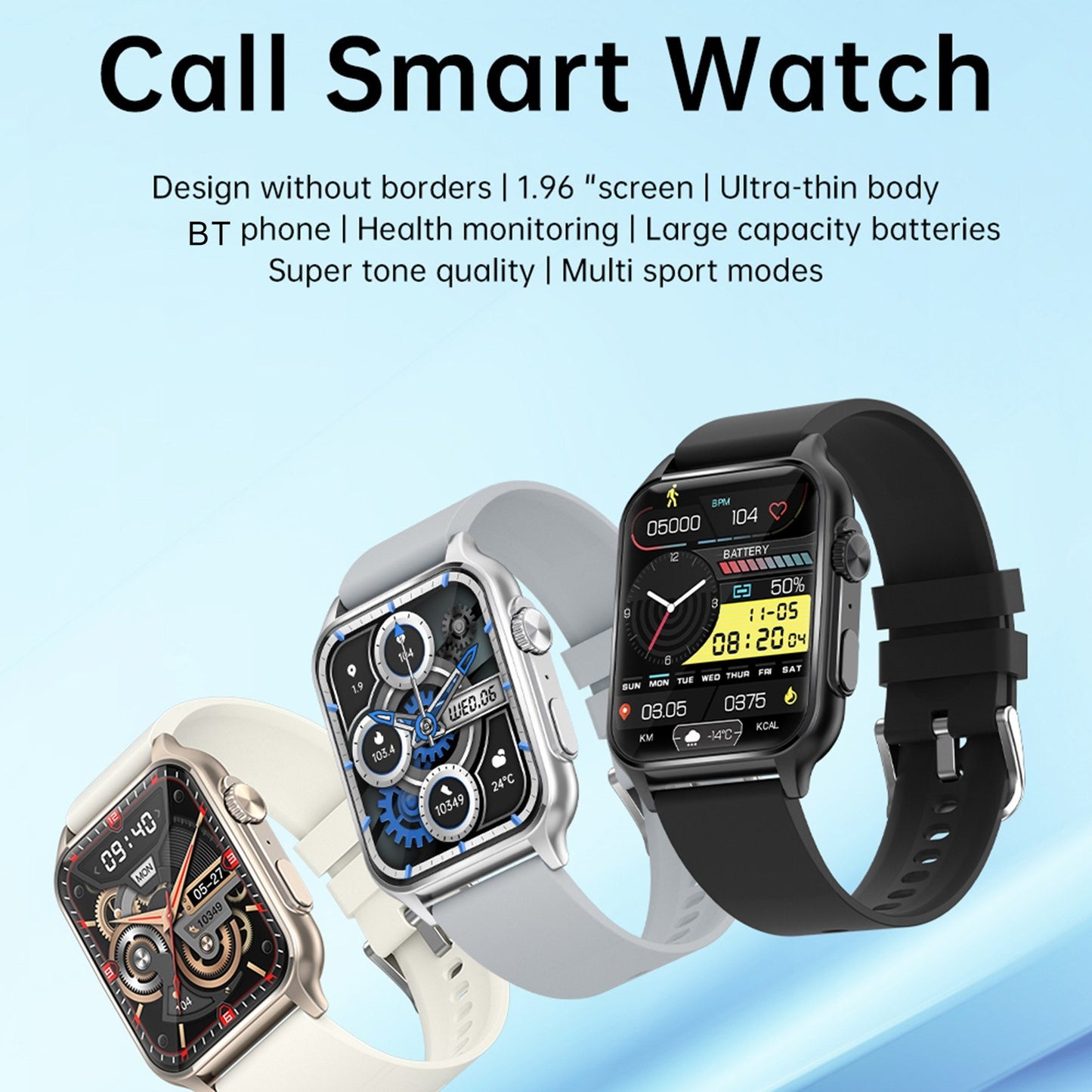 1.96 Smartwatch: Full-Screen Touch Health Monitor, IP67 Waterproof, Bluetooth Call, Multi-Sport Modes