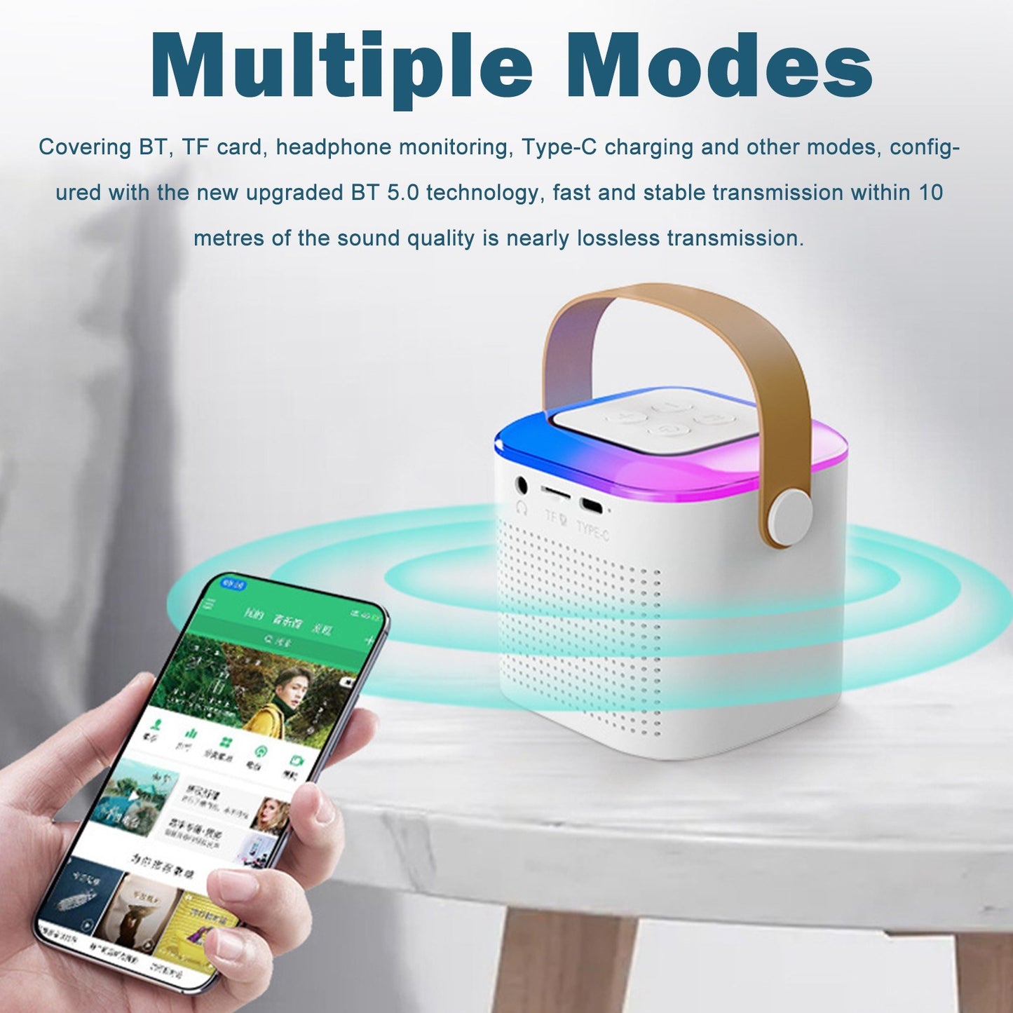 Portable Karaoke Machine with Wireless Microphone, BT Speaker with RGB Lights, TF Card & Type-C Support, Aux Monitoring for Parties & Meetings