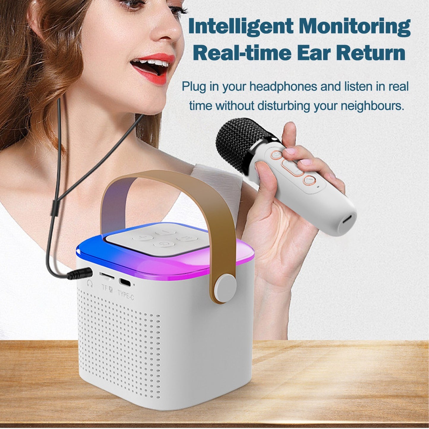 Portable Karaoke Machine with Wireless Microphone, BT Speaker with RGB Lights, TF Card & Type-C Support, Aux Monitoring for Parties & Meetings
