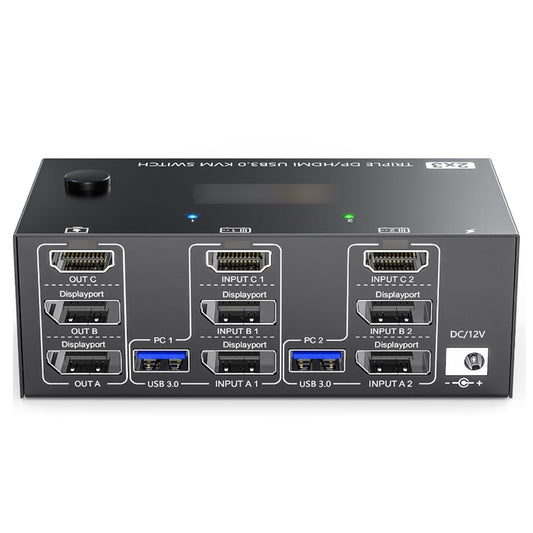 USB 3.0 Dual Monitor KVM Switch, 3 In 2 Out, 8K@30Hz, 4K@144Hz, with Wired Remote & 4 Cables, Compatible with Mac/Windows/Linux
