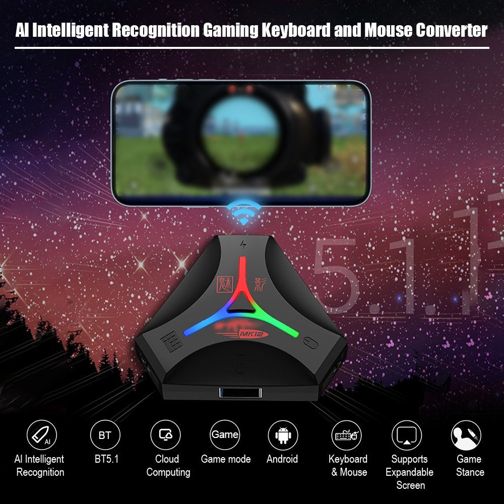 Portable BT5.1 Keyboard & Mouse Converter with AI Recognition, LED Lights, for Android & iOS Gaming