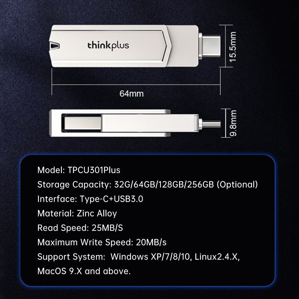 Lenovo thinkplus TPCU301Plus 128GB USB Flash Drive, USB 3.0 & Type-C, Compatible with Tablets, Phones, Laptops, MacOS Systems