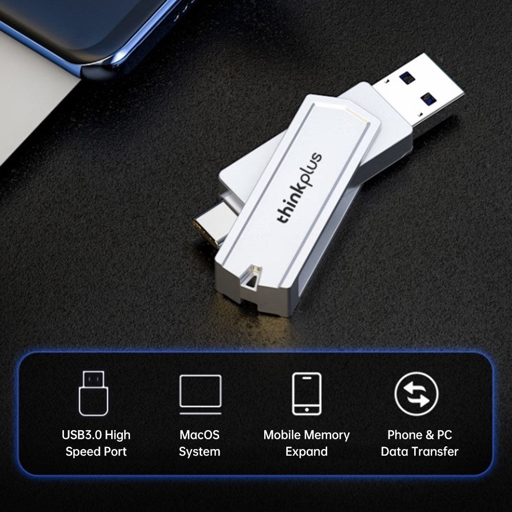 Lenovo thinkplus TPCU301Plus 128GB USB Flash Drive, USB 3.0 & Type-C, Compatible with Tablets, Phones, Laptops, MacOS Systems