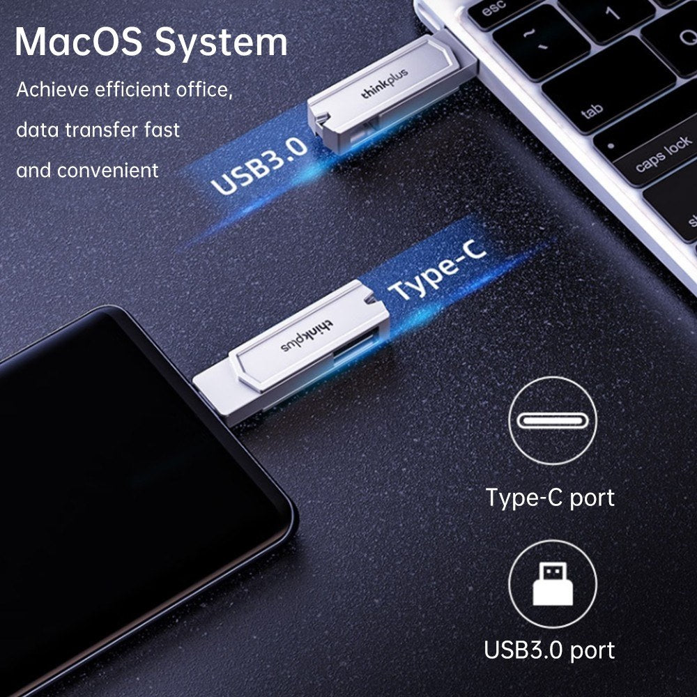 Lenovo thinkplus TPCU301Plus 128GB USB Flash Drive, USB 3.0 & Type-C, Compatible with Tablets, Phones, Laptops, MacOS Systems