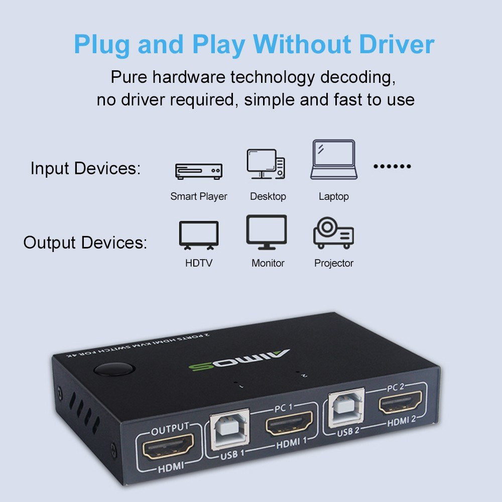 KCEVE KC-KVM201 USB 3.0 KVM Switch, 2 In 1 Out, 4K@30Hz, One-Button Switch, Wide Compatibility