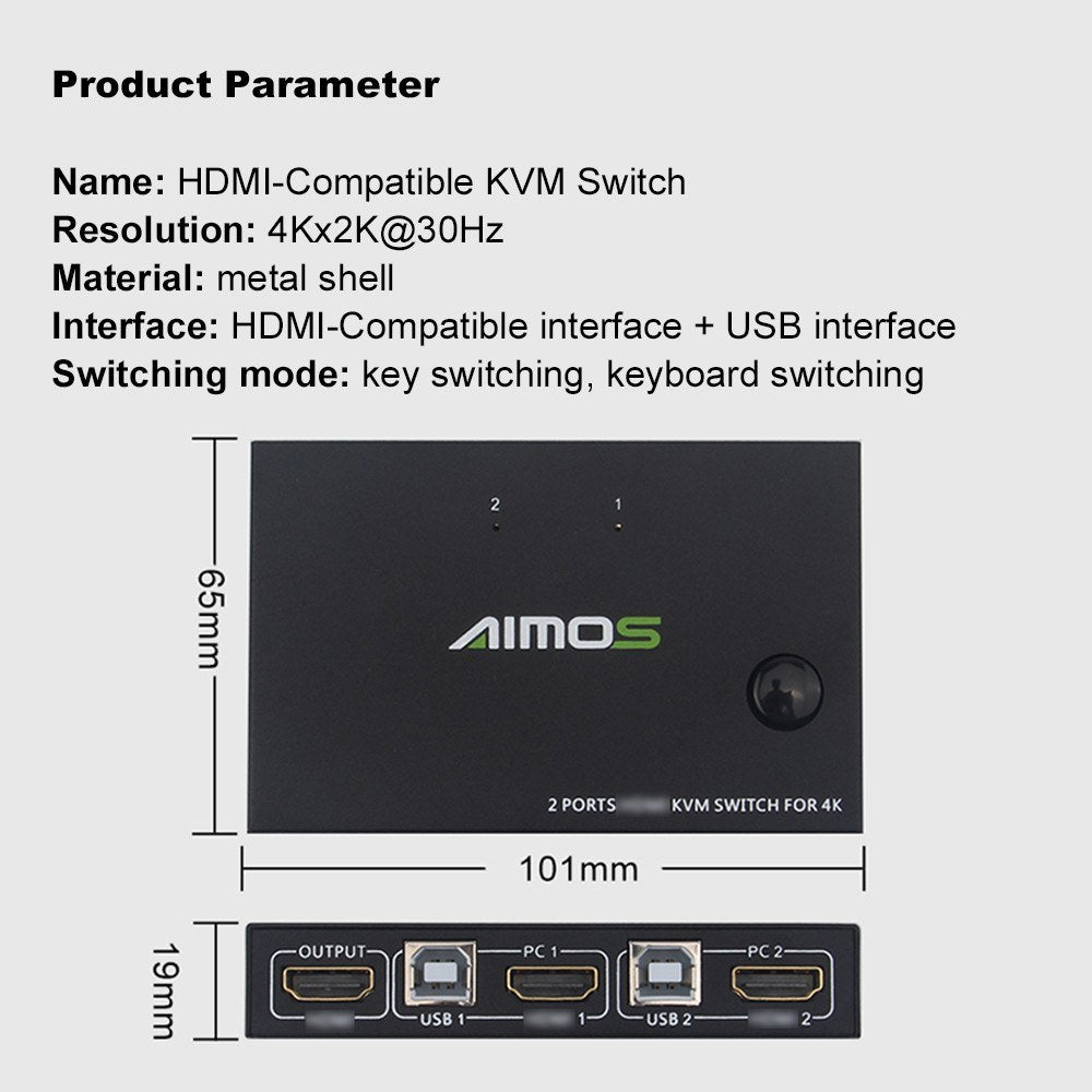 KCEVE KC-KVM201 USB 3.0 KVM Switch, 2 In 1 Out, 4K@30Hz, One-Button Switch, Wide Compatibility