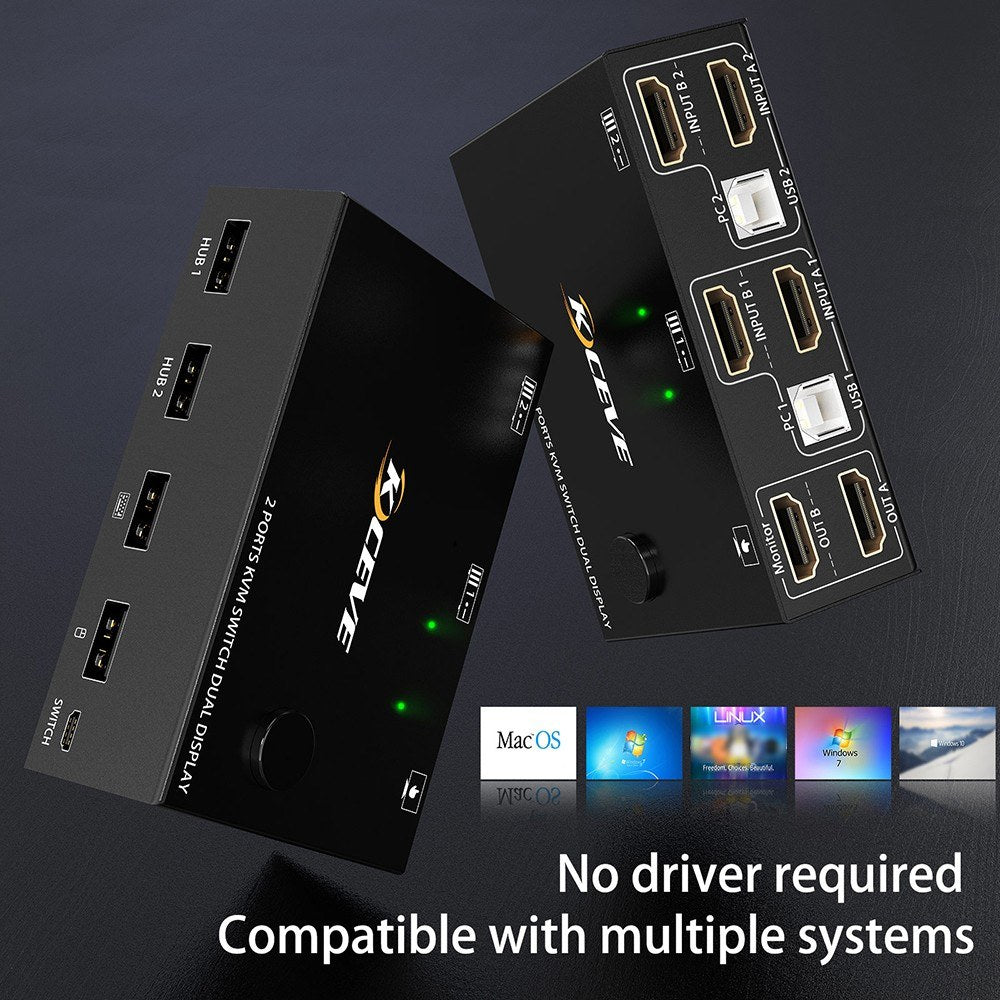 Dual Display KVM Switch 4K HDMI 3840x2160@30Hz | Plug & Play Compatible - KCEVE KC-KVM202