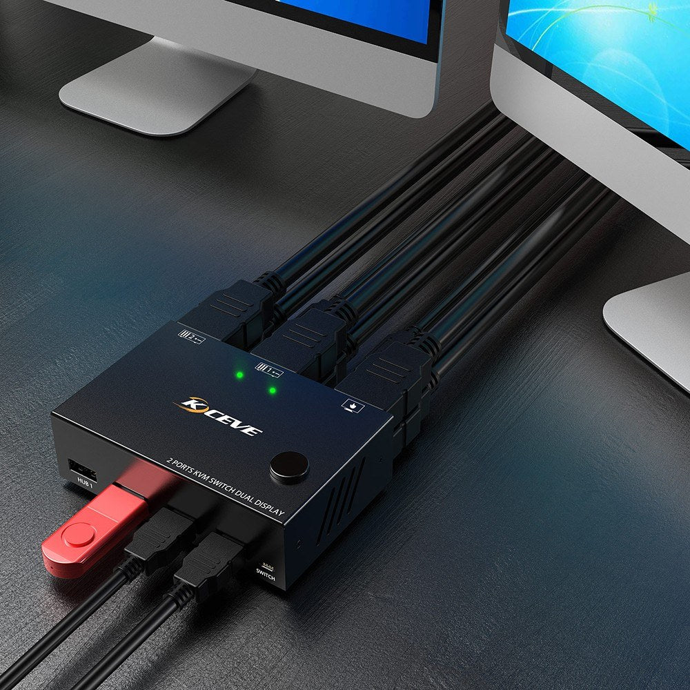 Dual Display KVM Switch 4K HDMI 3840x2160@30Hz | Plug & Play Compatible - KCEVE KC-KVM202