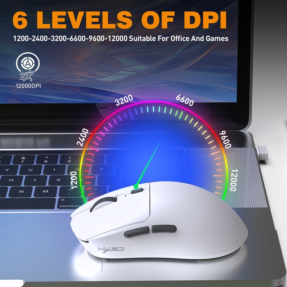Wireless Tri-Mode Gaming Mouse, 12000 DPI, Customizable 6 Keys, Long Battery Life - HXSJ T68