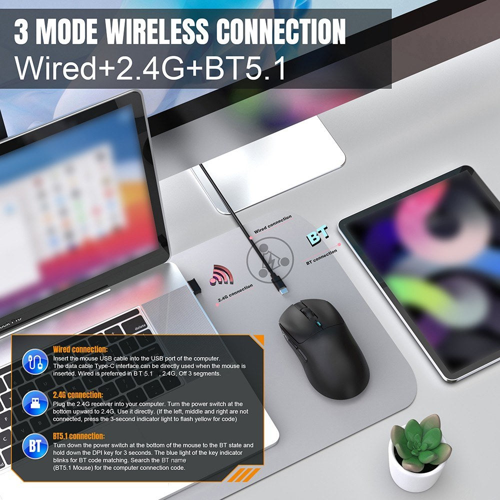 Wireless Tri-Mode Gaming Mouse, 12000 DPI, Customizable 6 Keys, Long Battery Life - HXSJ T68