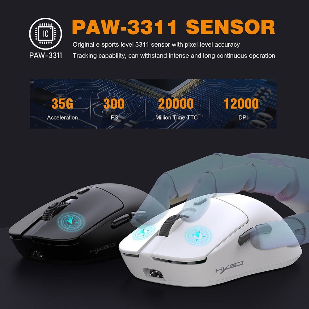 Wireless Tri-Mode Gaming Mouse, 12000 DPI, Customizable 6 Keys, Long Battery Life - HXSJ T68