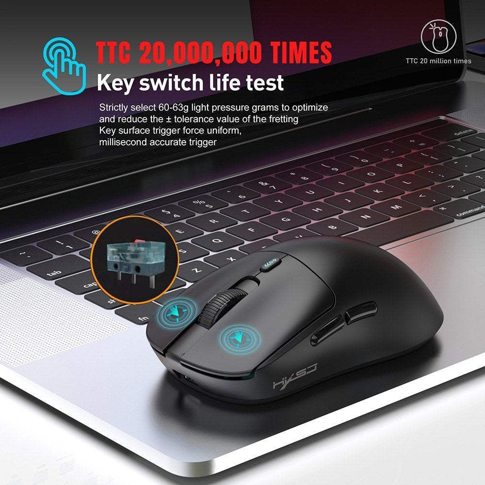 Wireless Tri-Mode Gaming Mouse, 12000 DPI, Customizable 6 Keys, Long Battery Life - HXSJ T68