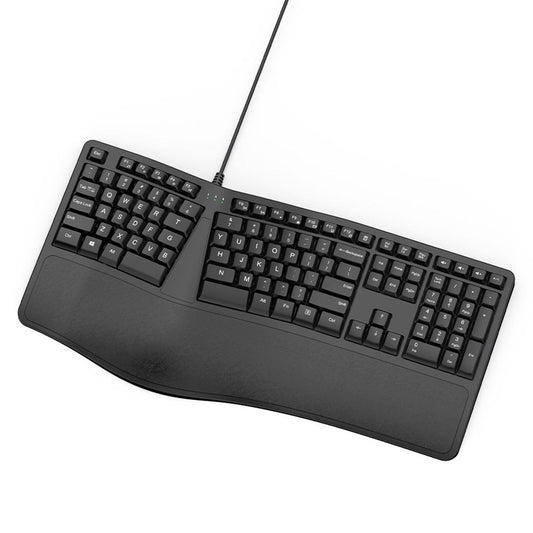 Black Ergonomic Wired Keyboard K110 – Arched Design, Curved Keys, Padded Palm Rest, Full Size, 110 Keys for Business Office