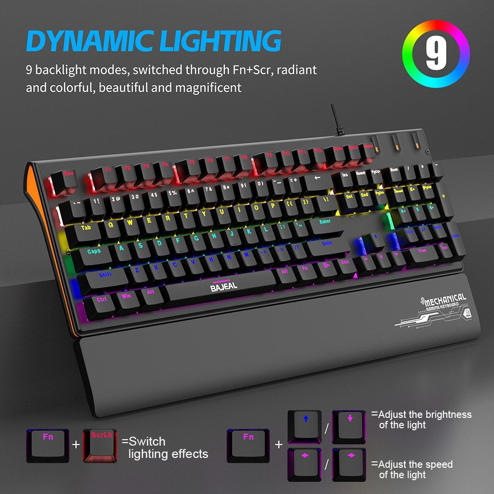 Ergonomic Wired Mechanical Gaming Keyboard with Blue Switches, USB, 9 Lighting Modes
