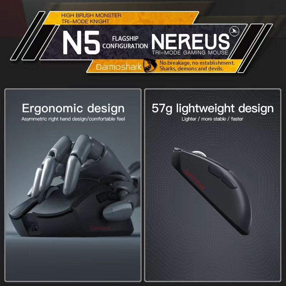 Darmoshark N5 Lightweight Tri-Mode Gaming Mouse: 2.4G/BT/Wired Wireless with Adjustable Speeds for PC & Laptop