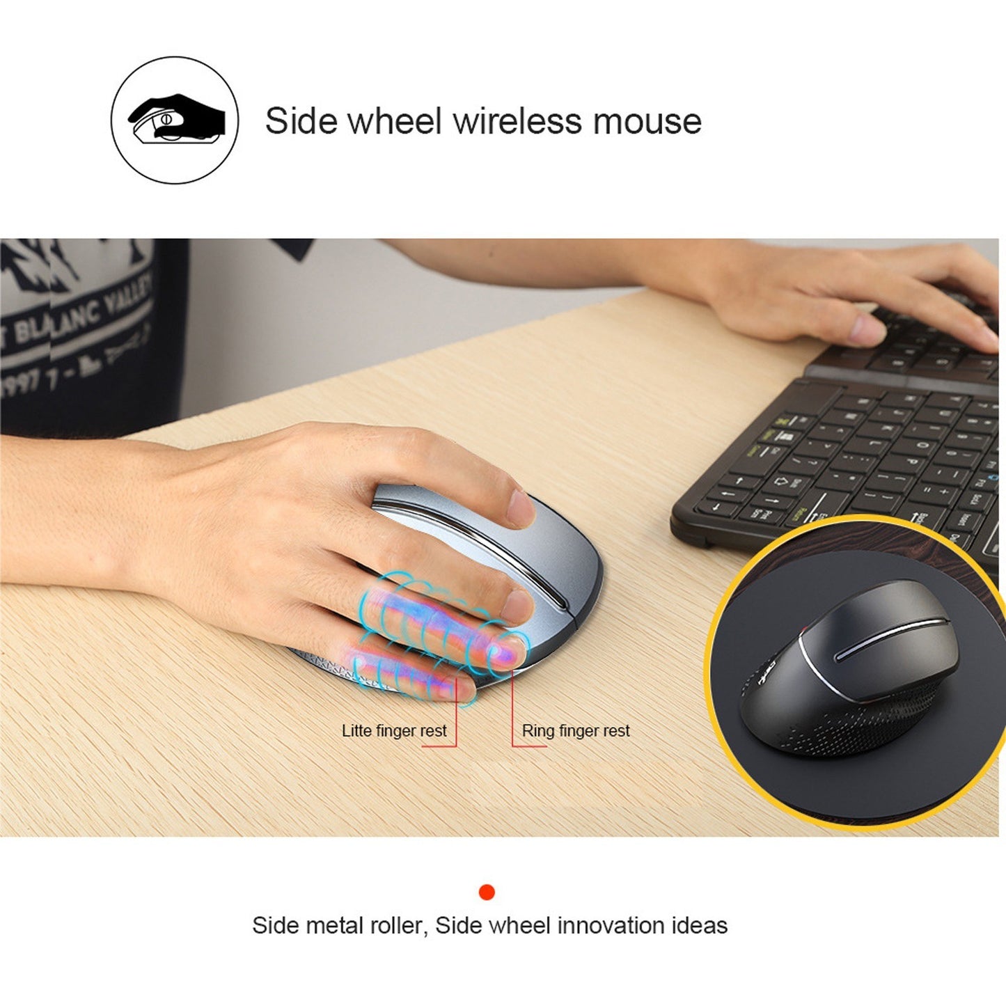 Ergonomic Wireless Vertical Mouse 2.4G | 6-Button Gaming Design with Aluminum Alloy Side Scroll Wheel | Anti-Mouse Hand Protection | 10m Reception