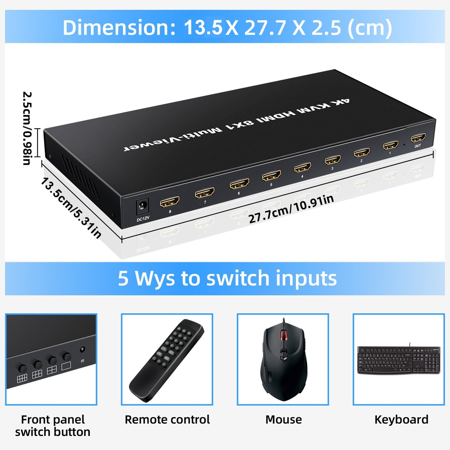 8-Port 4K HDMI Splitter with Remote, 4K/1080P Switch Box for DVD Player, TV, PC