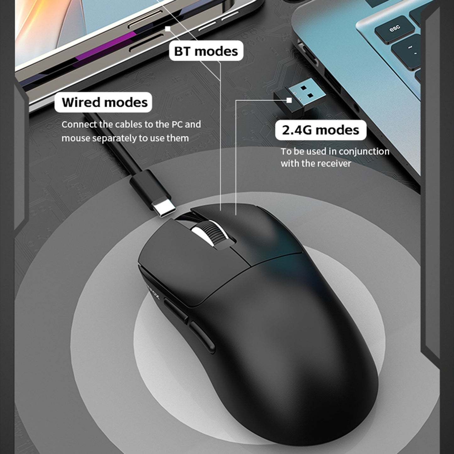 XUNFOX PAW3311 Wireless Gaming Mouse - Lightweight, Rechargeable, Ergonomic, 3-Mode Connection, Anti-Slip for PC/Laptop