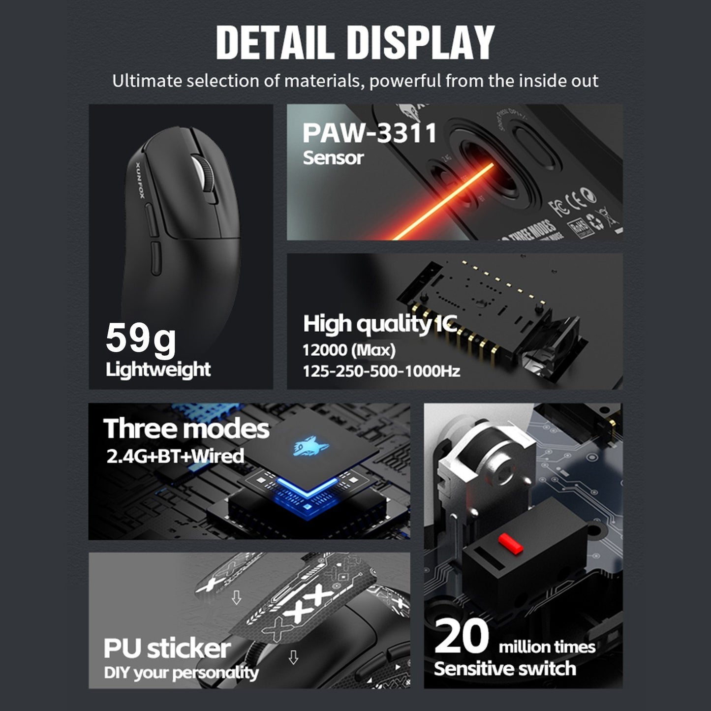 XUNFOX PAW3311 Wireless Gaming Mouse - Lightweight, Rechargeable, Ergonomic, 3-Mode Connection, Anti-Slip for PC/Laptop