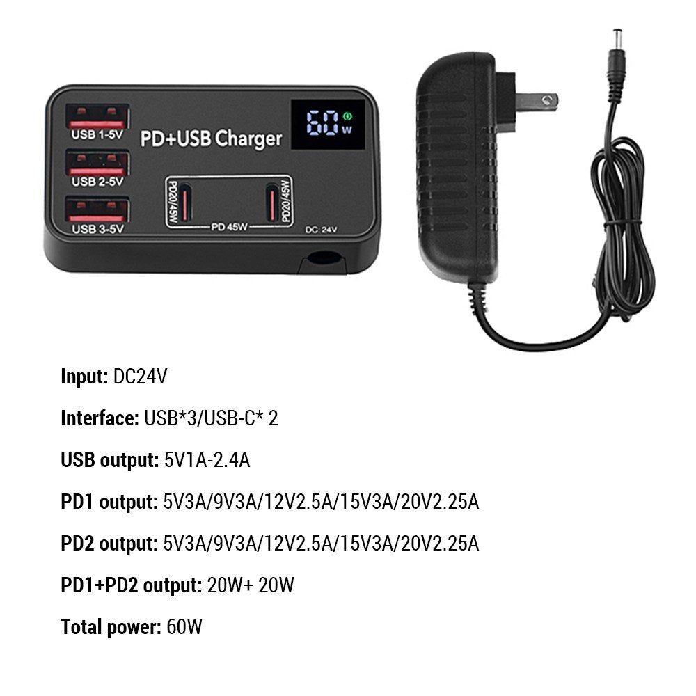 65W USB-C PD & QC Portable Fast Charger with Multifunctional Display for Laptops, Tablets, and Phones