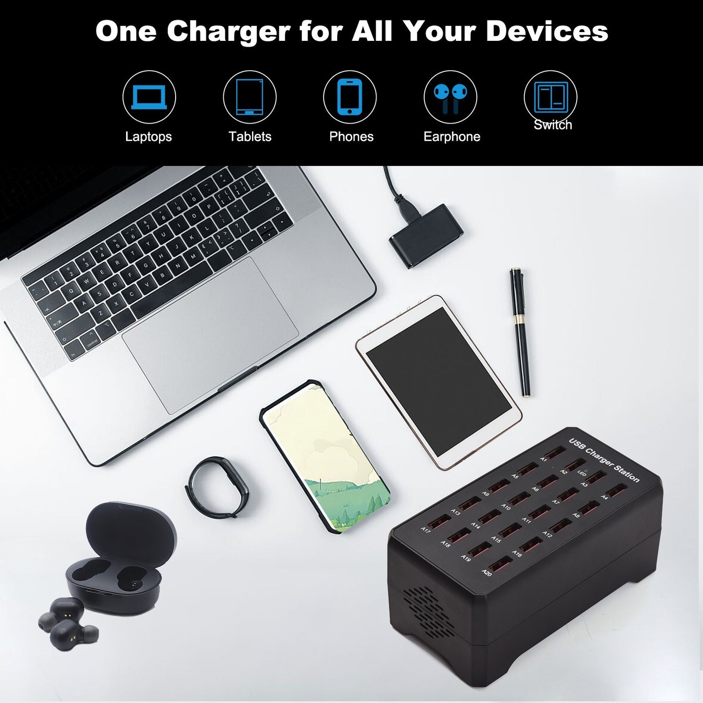 100W 20-Port USB C Charger Hub - Fast Multi-Device Charging with Safety Protection