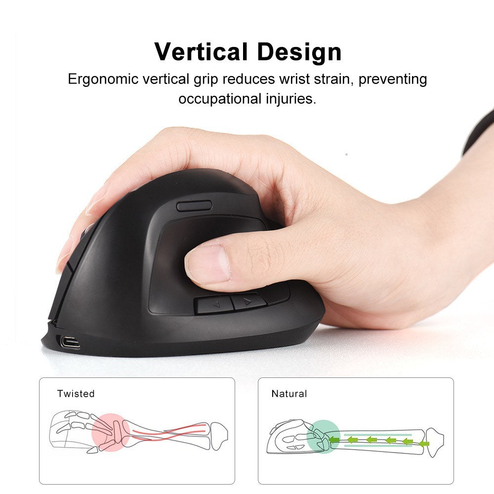 Ergonomic Wireless Vertical Mouse, Rechargeable 2.4GHz, 2400 DPI 6-Button for Gaming & Office, USB-C Charging