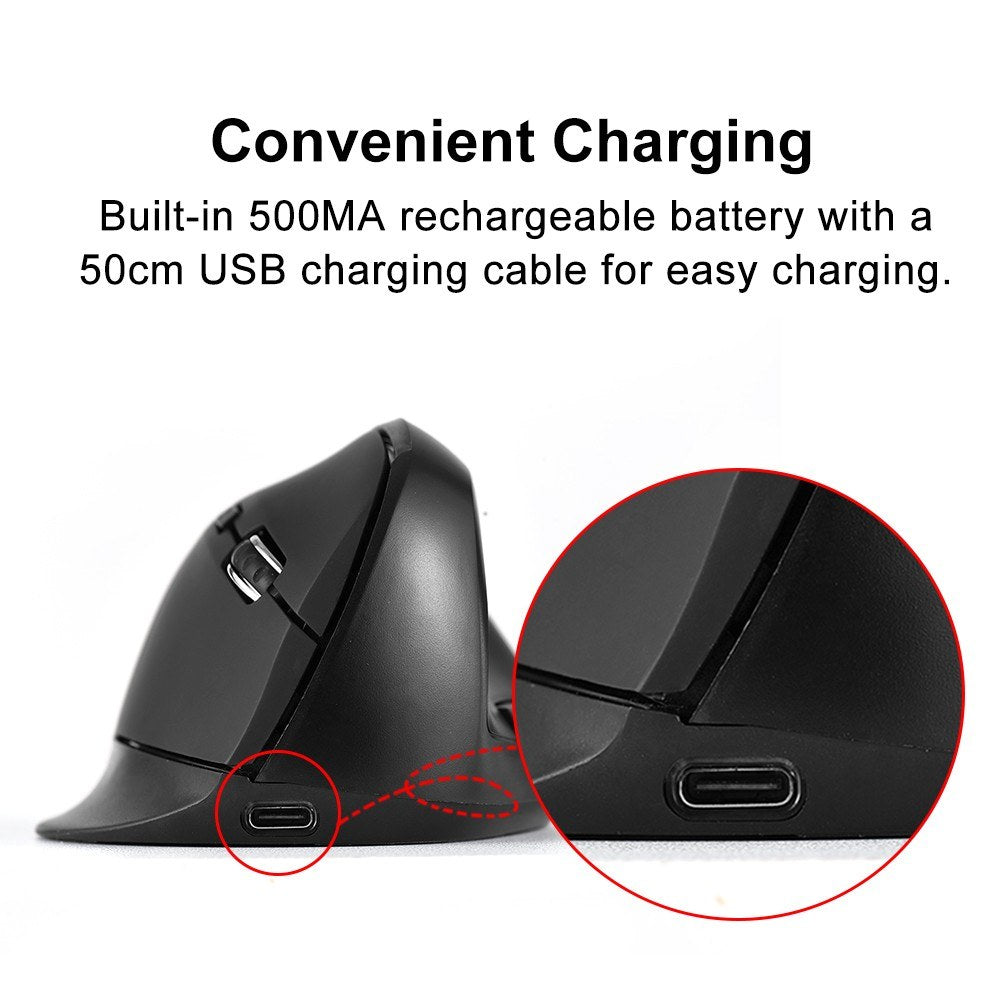 Ergonomic Wireless Vertical Mouse, Rechargeable 2.4GHz, 2400 DPI 6-Button for Gaming & Office, USB-C Charging