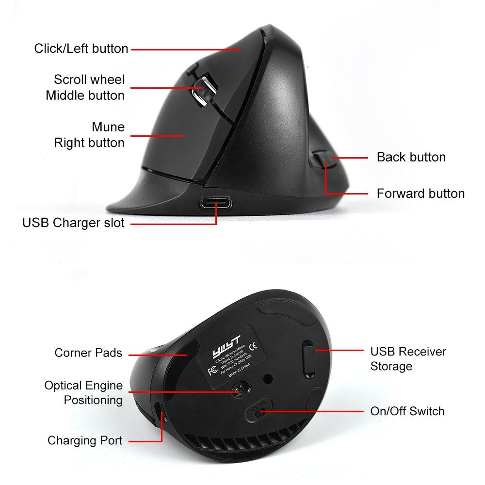 Ergonomic Wireless Vertical Mouse, Rechargeable 2.4GHz, 2400 DPI 6-Button for Gaming & Office, USB-C Charging