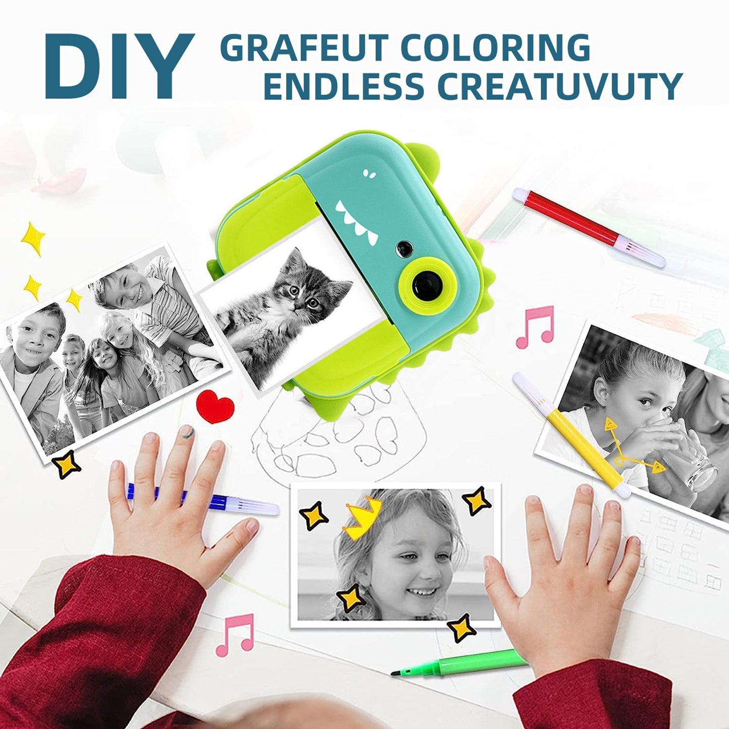 Instant Print Digital Camera for Kids - 2400W High-Resolution, 2.4 Display, Cartoon Inkless Thermal Printer, Dual Lens for Boys & Girls