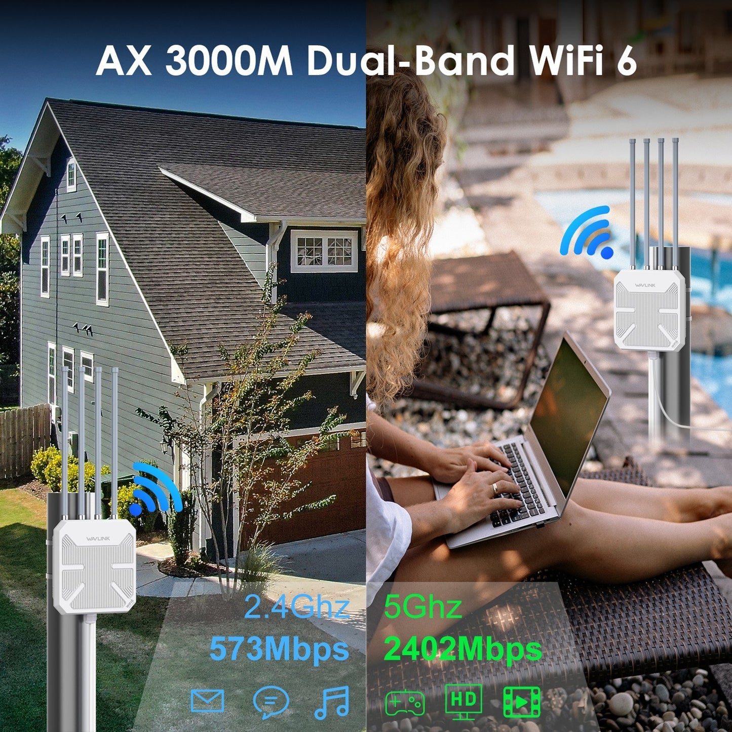 AX3000M Dual-Band Outdoor WiFi 6 Mesh Router, Waterproof & Portable, 573Mbps (2.4GHz) + 2402Mbps (5GHz)