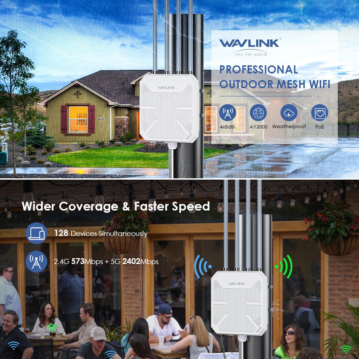 AX3000M Dual-Band Outdoor WiFi 6 Mesh Router, Waterproof & Portable, 573Mbps (2.4GHz) + 2402Mbps (5GHz)