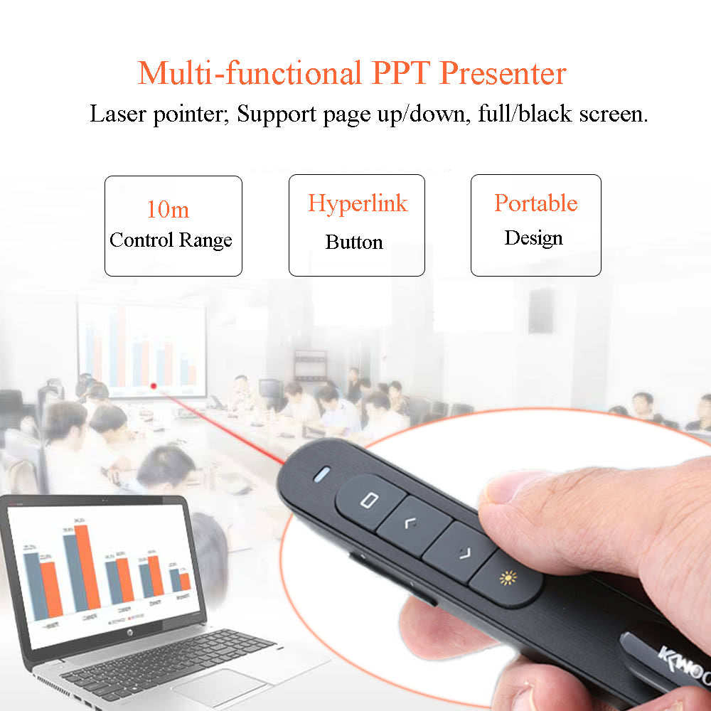 KKmoon Wireless PowerPoint Clicker Remote, 2.4GHz Laser Pen Pointer, PPT Presenter with USB Receiver, 10m Range, Hyperlink & Volume Control