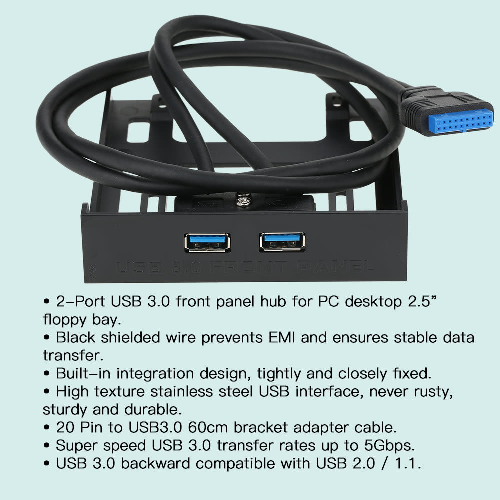USB 3.0 Front Panel Hub with 2-Port Expansion for 2.5 Floppy Bay - 20 Pin to USB 3.0 Adapter Cable, 60cm for PC Desktop