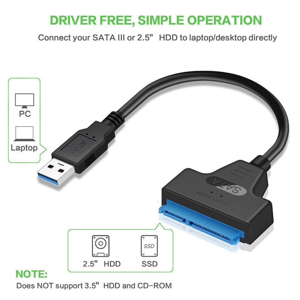 USB 2.0 to SATA Adapter Cable 22-Pin for 2.5 HDD/SSD Hard Drive on Laptop, Driver-Free