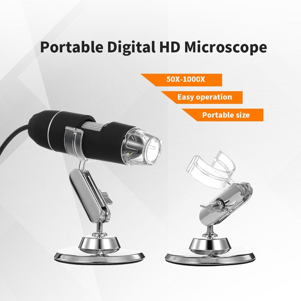 Black HD Portable Digital Microscope 50X-1000X Zoom, 3-in-1 USB Magnifier with 8 LED Lights