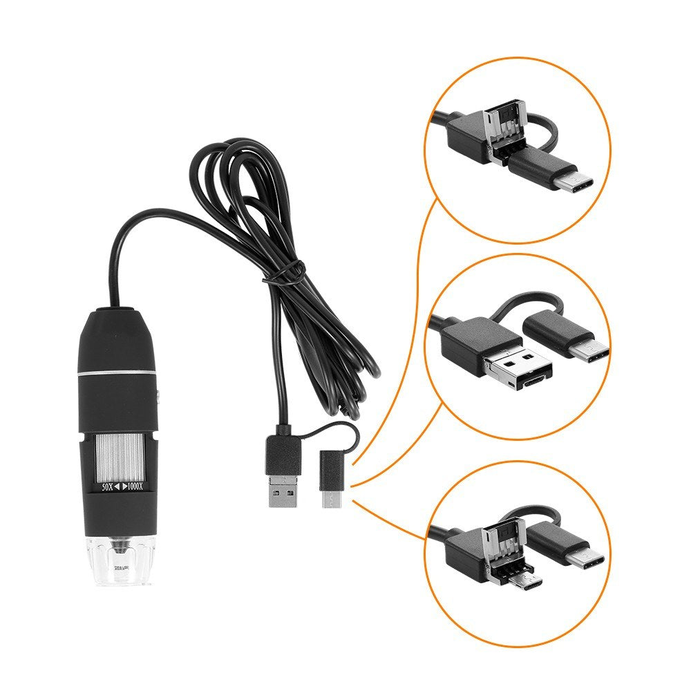 Black HD Portable Digital Microscope 50X-1000X Zoom, 3-in-1 USB Magnifier with 8 LED Lights