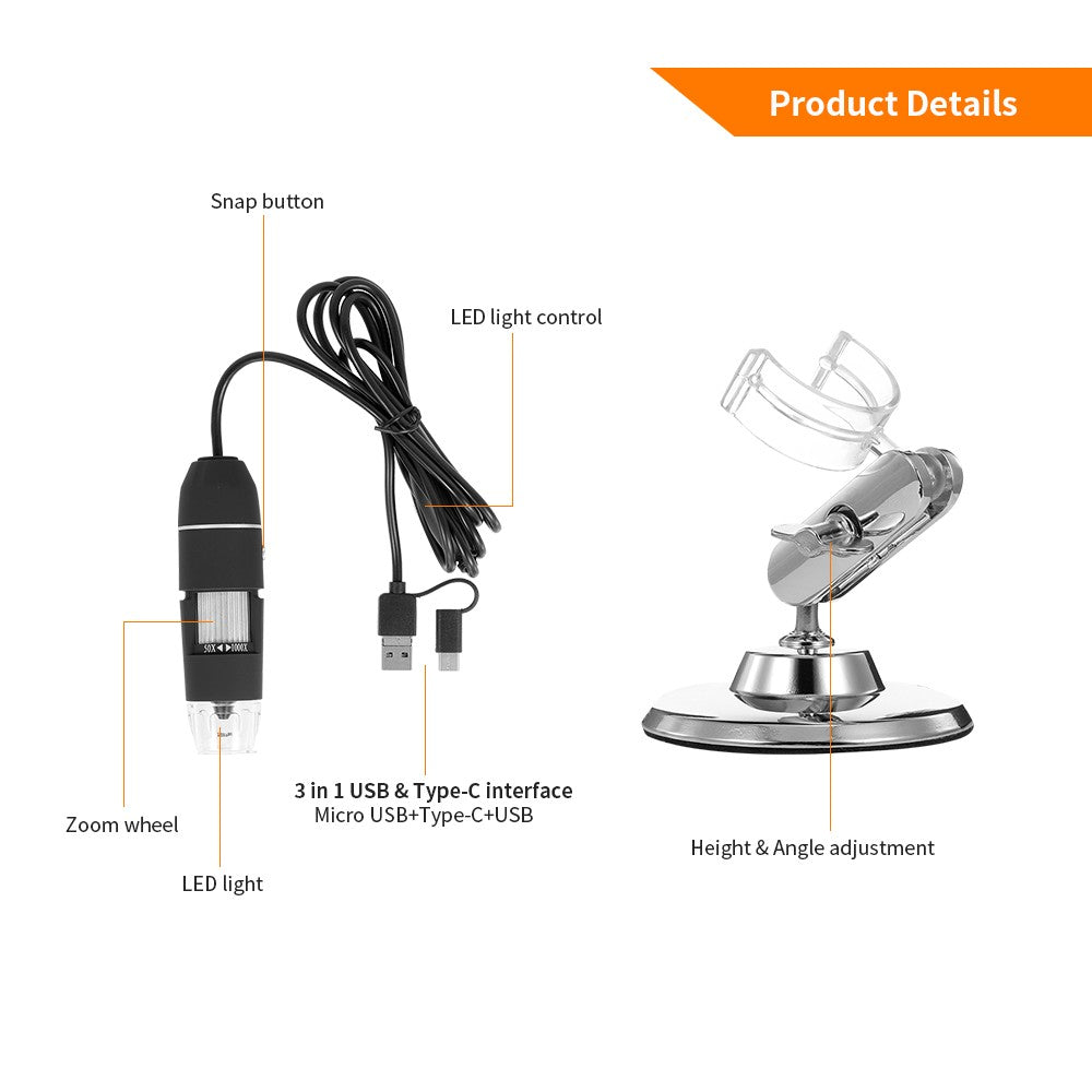 Black HD Portable Digital Microscope 50X-1000X Zoom, 3-in-1 USB Magnifier with 8 LED Lights