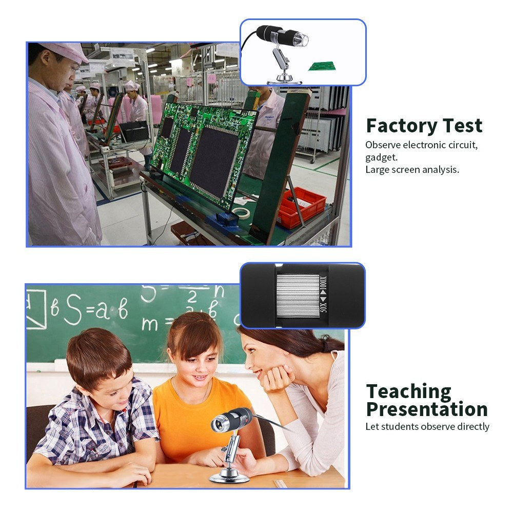 Black HD Portable Digital Microscope 50X-1000X Zoom, 3-in-1 USB Magnifier with 8 LED Lights