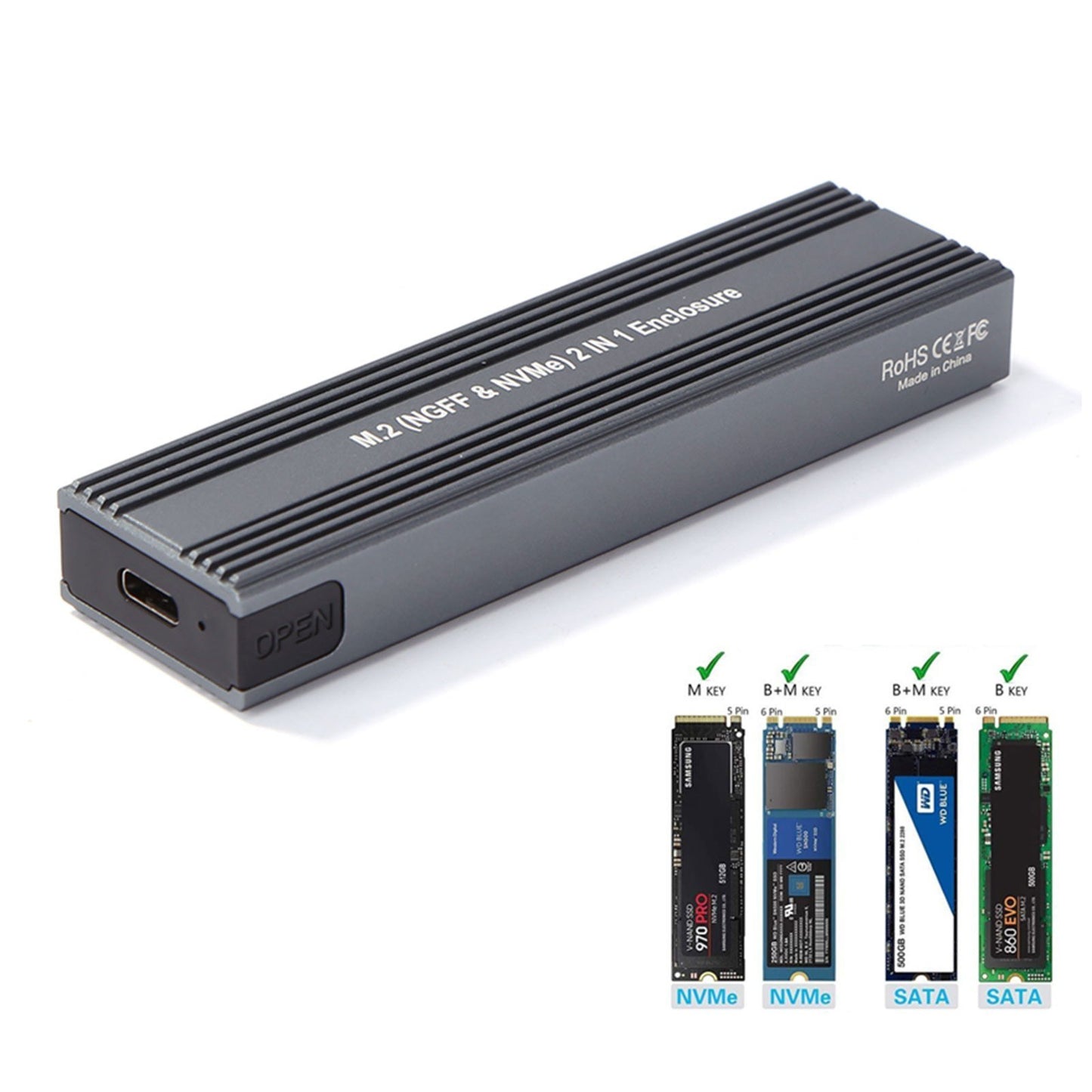 M.2 SSD Enclosure NVMe PCIe & NGFF SATA to USB-C 3.1 Adapter Dual Protocol Case