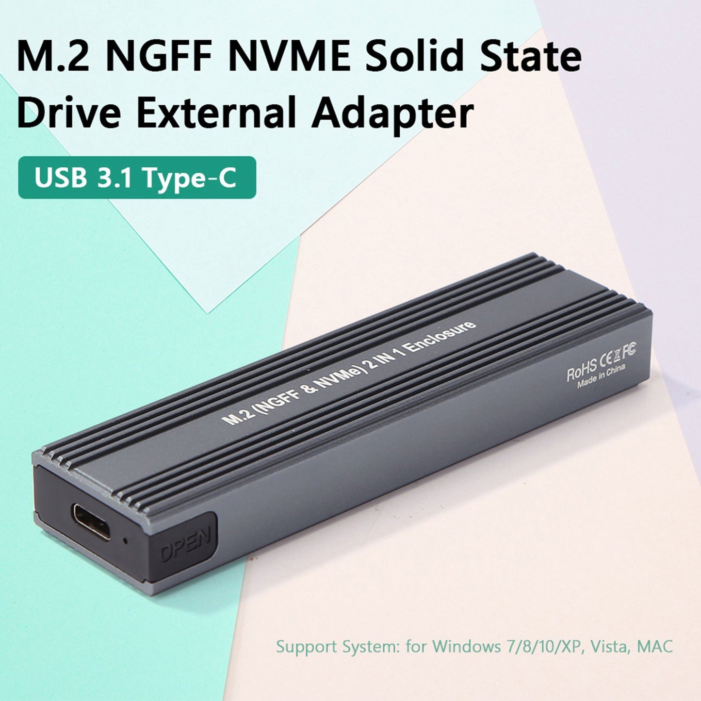 M.2 SSD Enclosure NVMe PCIe & NGFF SATA to USB-C 3.1 Adapter Dual Protocol Case