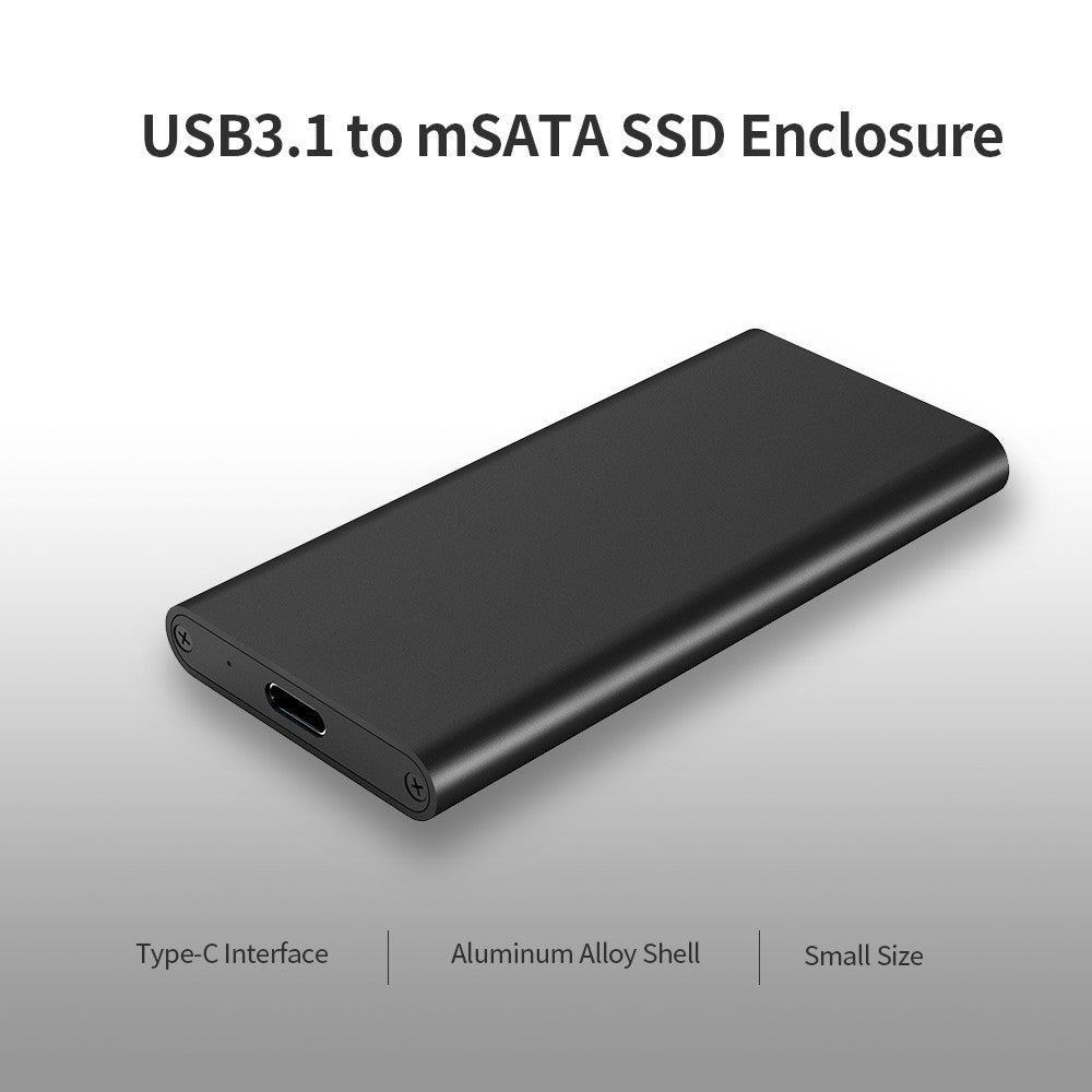 Silver Gray USB 3.1 Type-C to mSATA SSD Enclosure - Portable High-Speed Solid State Drive Box
