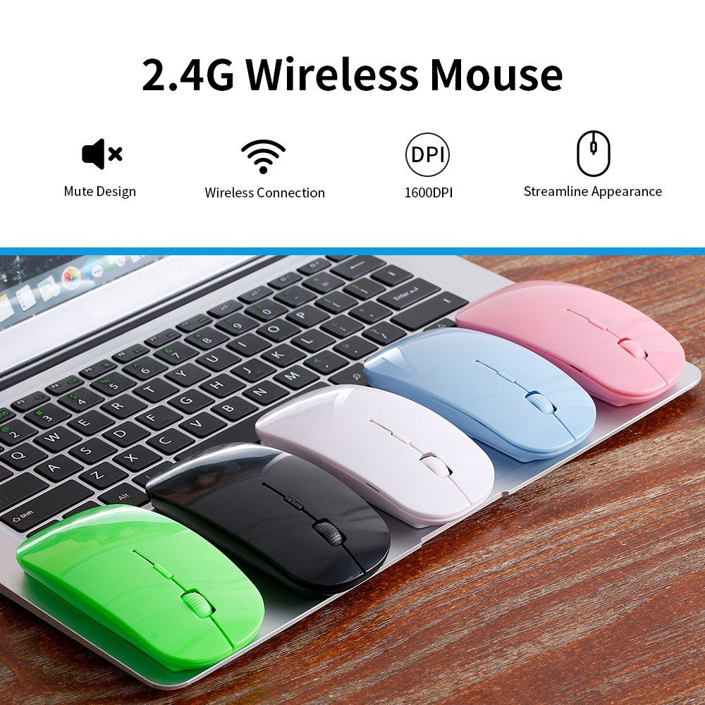 Black Ultra-Thin 2.4G Wireless Optical Mouse - 4 Keys, 1600DPI, Mute for Desktop & Laptop