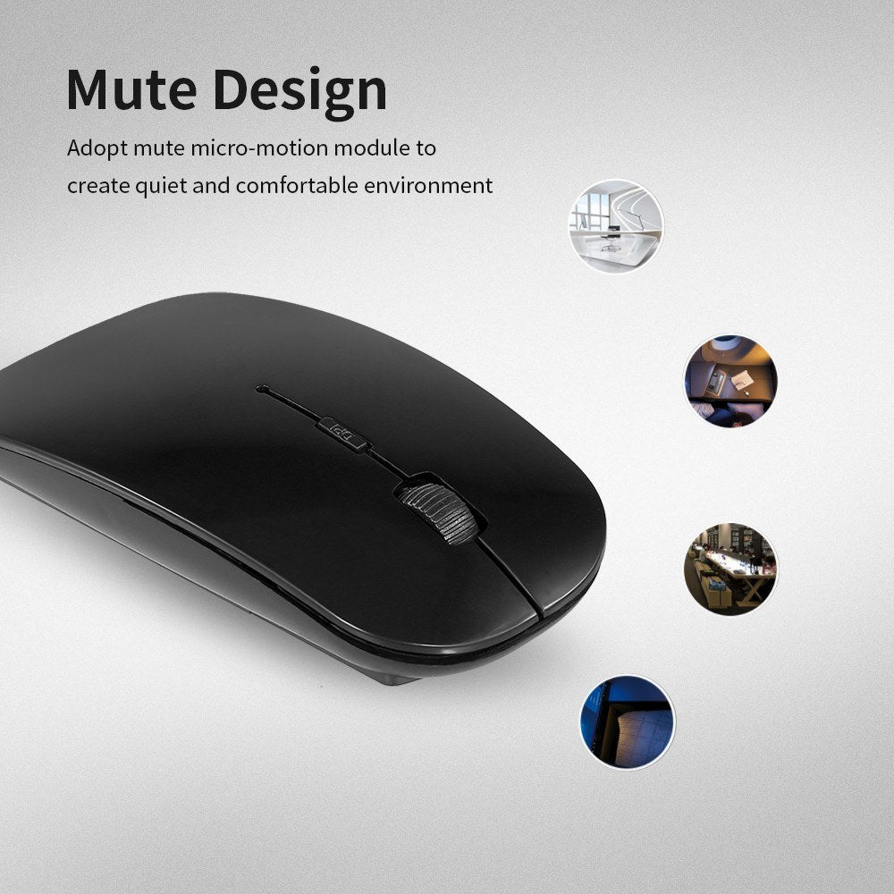 Black Ultra-Thin 2.4G Wireless Optical Mouse - 4 Keys, 1600DPI, Mute for Desktop & Laptop