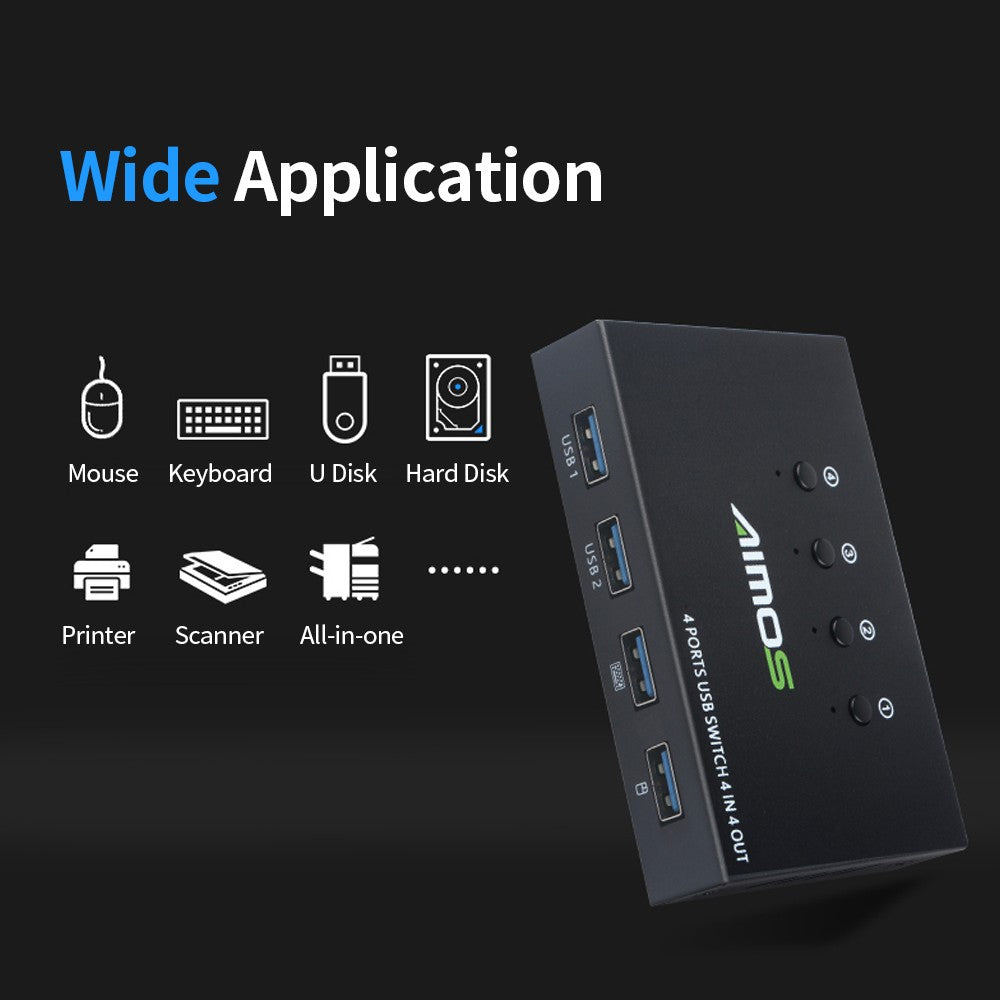 USB Switcher Hub, AIMOS AM-404K 4-Port for Printer, Keyboard, Mouse, U Disk, HDD Controller - Black