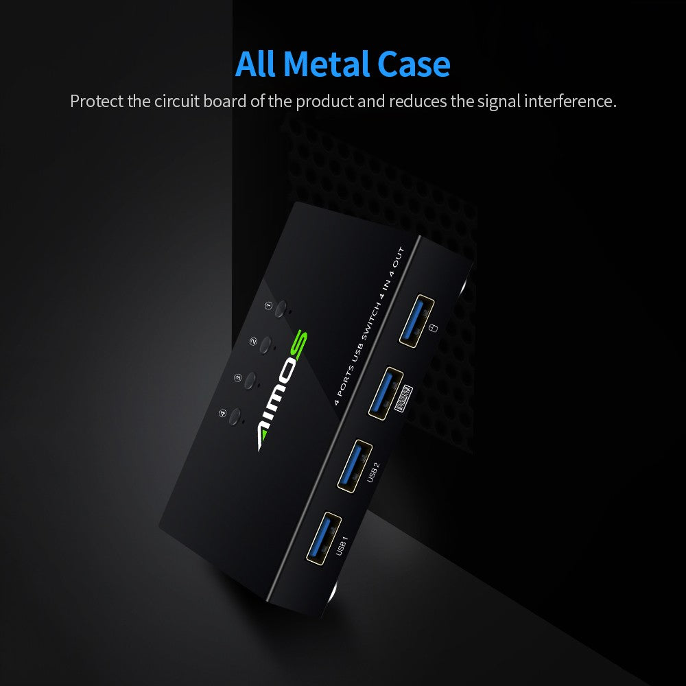 USB Switcher Hub, AIMOS AM-404K 4-Port for Printer, Keyboard, Mouse, U Disk, HDD Controller - Black