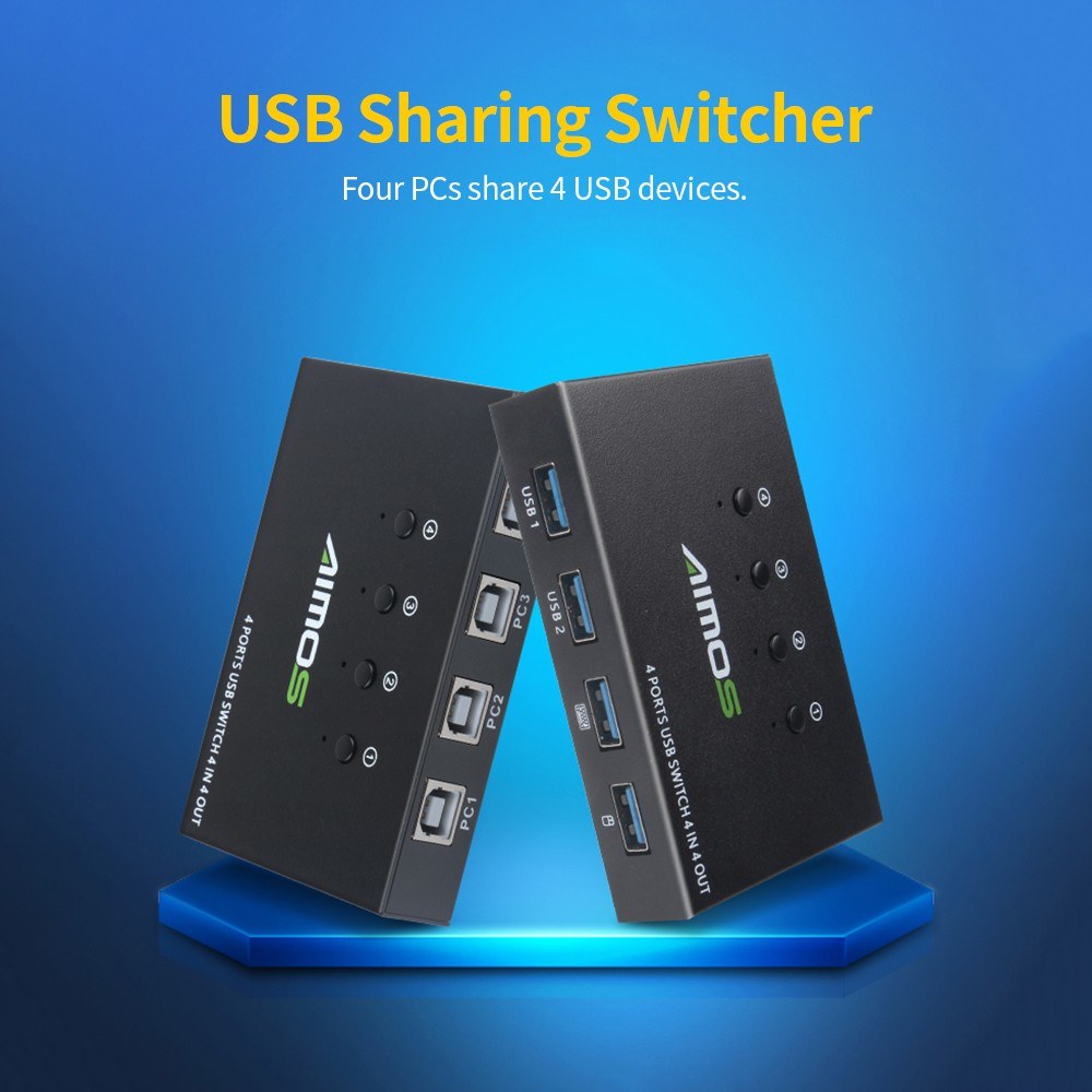 USB Switcher Hub, AIMOS AM-404K 4-Port for Printer, Keyboard, Mouse, U Disk, HDD Controller - Black