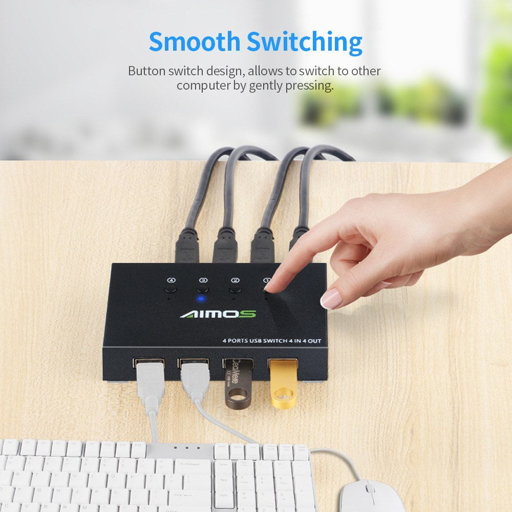 USB Switcher Hub, AIMOS AM-404K 4-Port for Printer, Keyboard, Mouse, U Disk, HDD Controller - Black