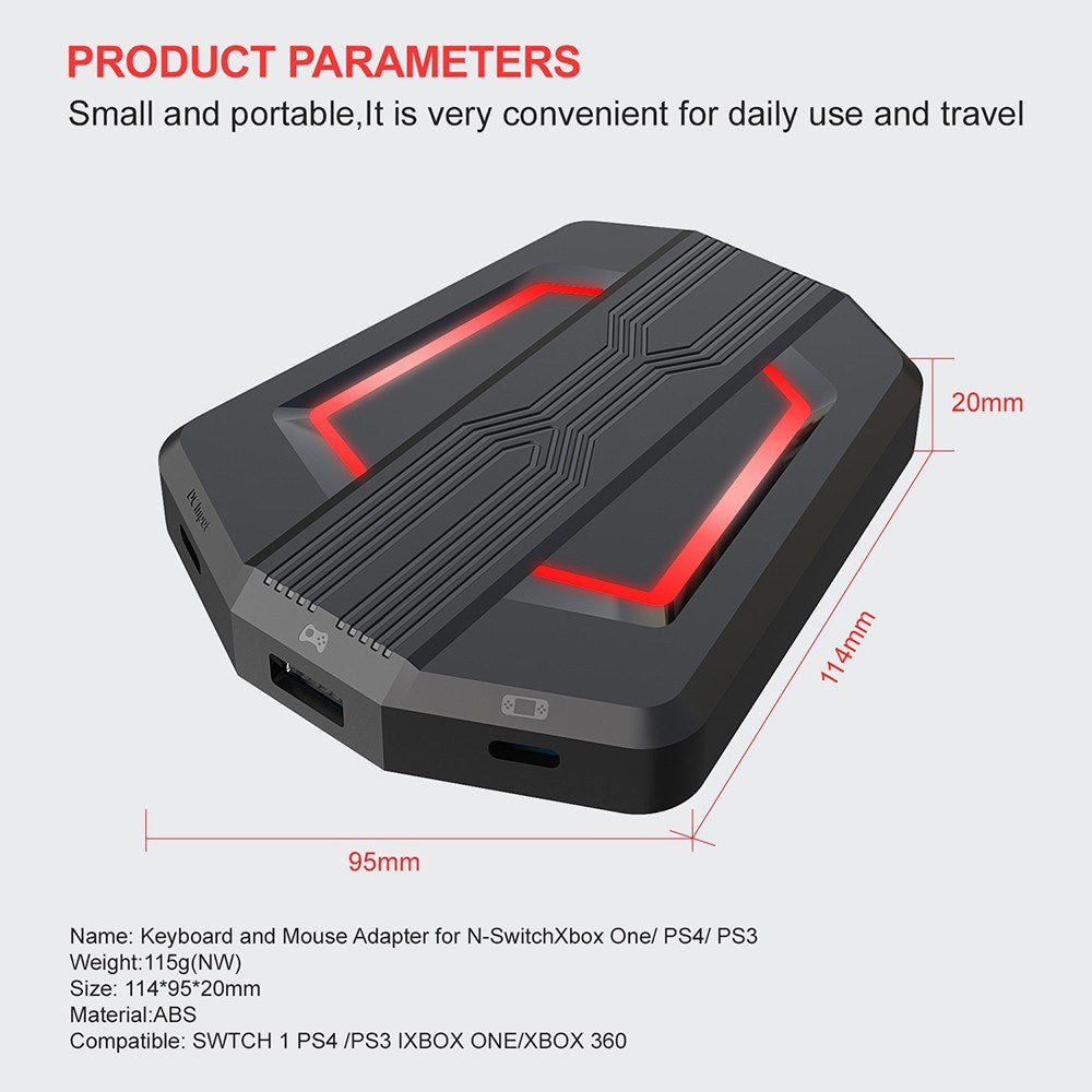 Portable HXSJ P6 Keyboard & Mouse Adapter for N-Switch, PS4, PS3, Xbox One, 360 with Four-Color Breathing Light