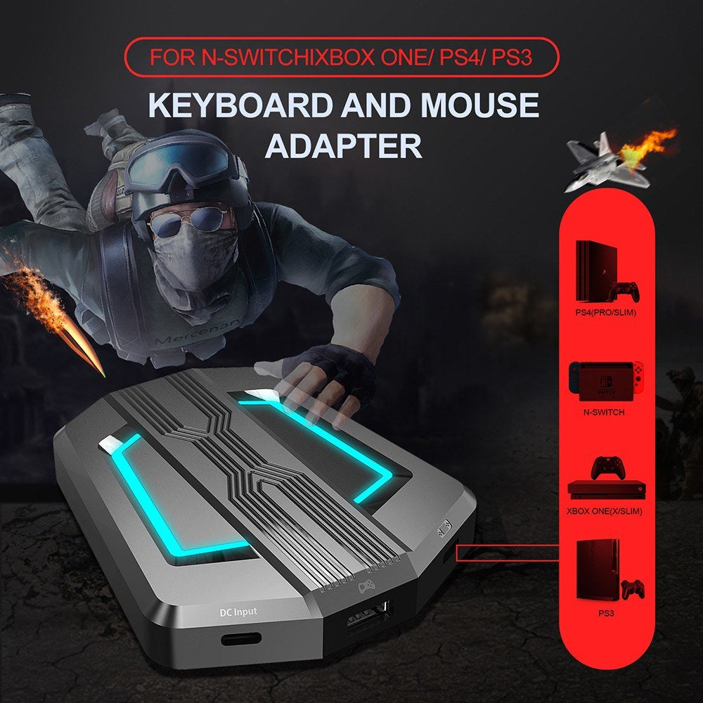 Portable HXSJ P6 Keyboard & Mouse Adapter for N-Switch, PS4, PS3, Xbox One, 360 with Four-Color Breathing Light