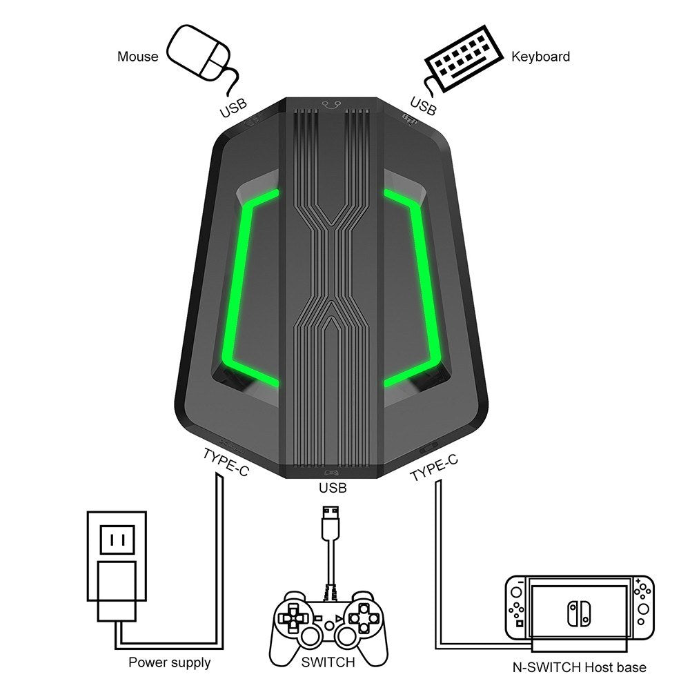 Portable HXSJ P6 Keyboard & Mouse Adapter for N-Switch, PS4, PS3, Xbox One, 360 with Four-Color Breathing Light